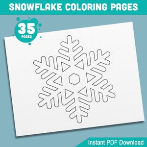 Könnte beinhalten: Eine Schwarzweiß-Umrandung einer Schneeflocke zum Ausmalen. Die Schneeflocke hat eine sechszackige Sternform mit einem Hexagon in der Mitte. Der Text "Sofortiger PDF-Download" befindet sich am unteren Rand der Seite.