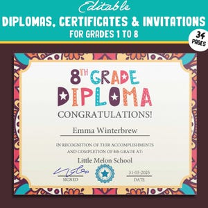 Bearbeitbares 8.Klassen-Diplome, 1.-8.Klassen-Zertifikate und Einladungsvorlagen im Tribal Mandala Design - 34 Seiten, PDF Instant Download