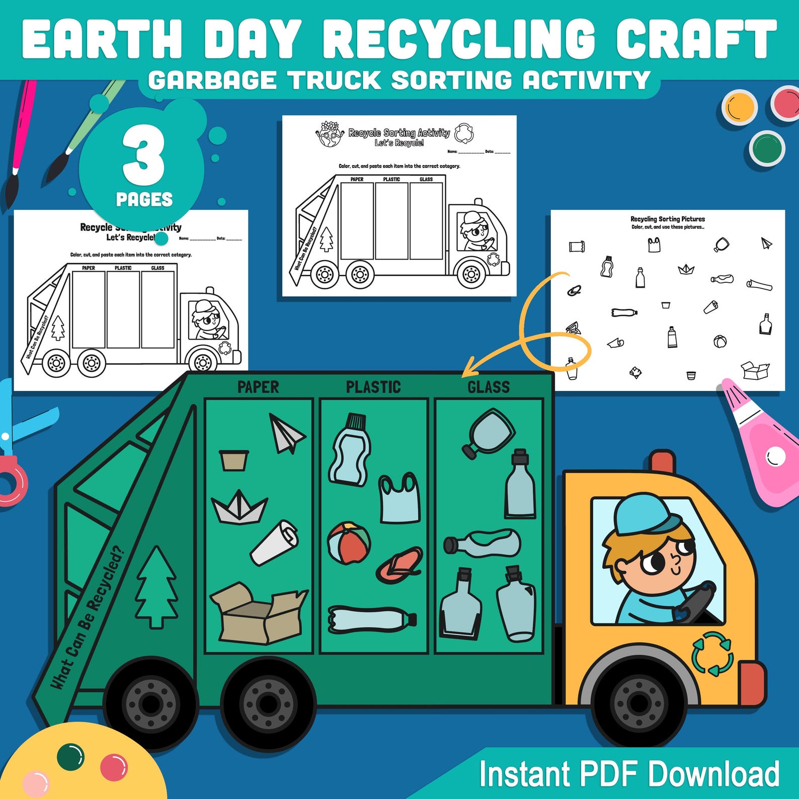 Earth Day Recycling Craft, Garbage Truck Sorting Activity, Cut and ...