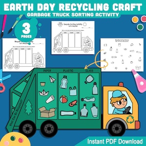 Könnte beinhalten: Ein Recycling-Bastelprojekt zum Earth Day mit einer Müllwagen-Sortieraktivität. Das Bild enthält eine gelbe Kabine, drei Seiten und den Text "Earth Day Recycling Craft" und "Garbage Truck Sorting Activity". Die Aktivität dient zum Sortieren von Papier, Kunststoff und Glas.