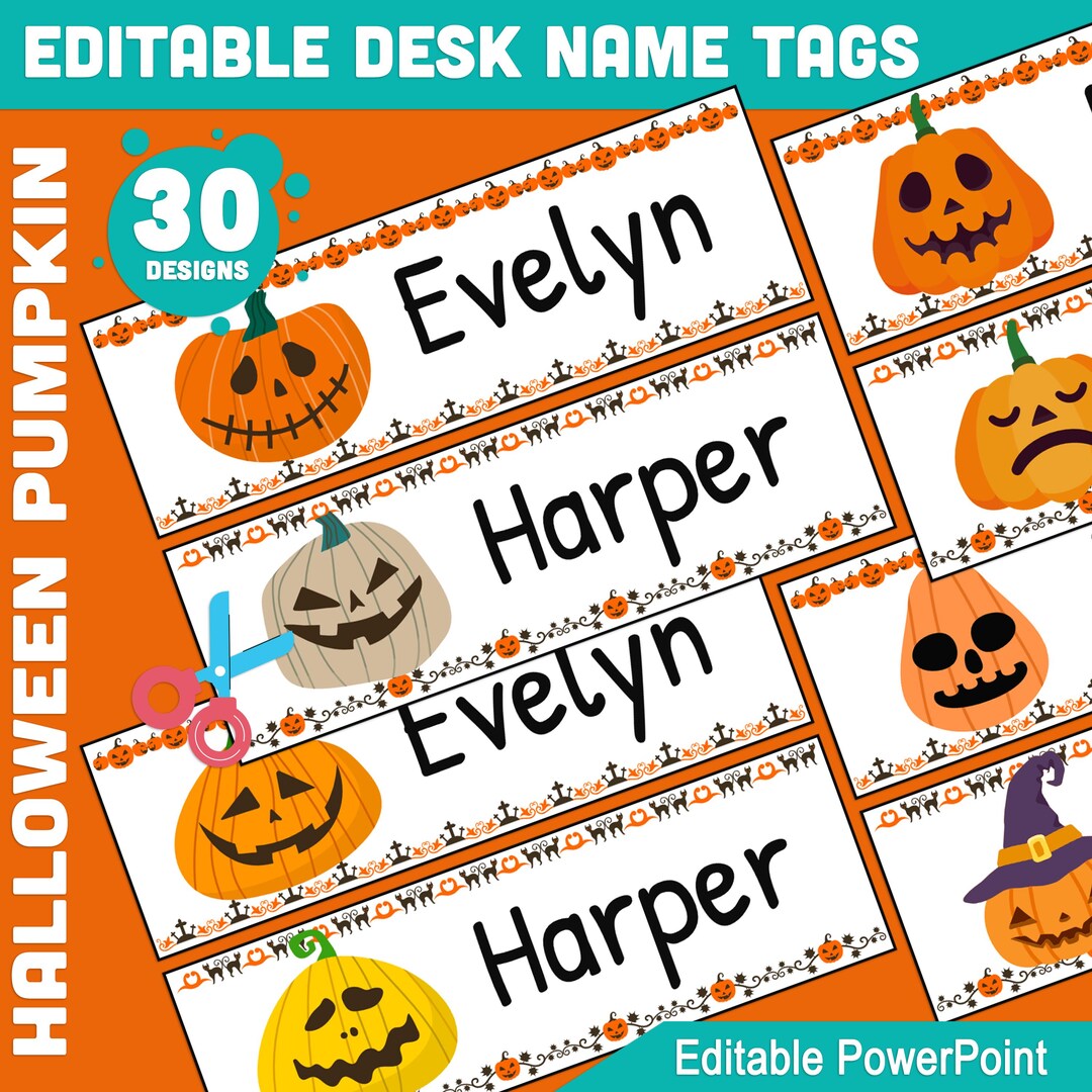 Editable Halloween Pumpkin Name Tags for Students: Funny Bulletin Board, Classroom Labels & Desk ...