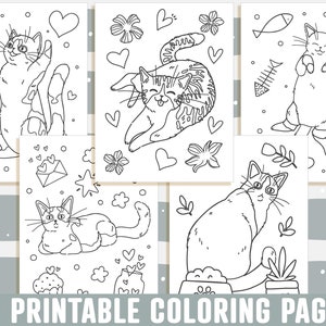 May include: A set of 5 printable coloring pages featuring cute cats in various poses. Each page includes a different background design with hearts, flowers, and other decorative elements.  The pages are perfect for kids and adults who enjoy coloring.