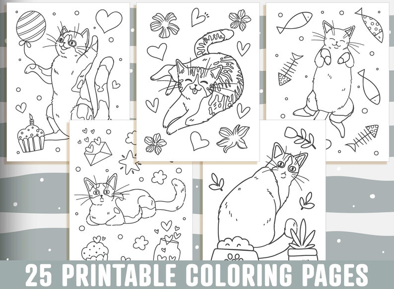 May include: A set of 5 printable coloring pages featuring cute cats in various poses. Each page includes a different background design with hearts, flowers, and other decorative elements.  The pages are perfect for kids and adults who enjoy coloring.