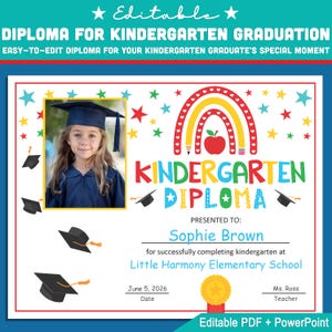 Editable Kindergarten Moving Up Diploma with Student Photo – Rainbow Graduation Template in PowerPoint & PDF for End of Year Awards