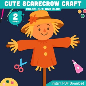 Peut inclure: Un projet d'artisanat numérique avec un épouvantail de dessin animé avec une tenue orange et un chapeau de paille. Le texte "CUTE SCARECROW CRAFT" et "COLOR, CUT, AND GLUE" sont affichés en haut. Comprend des ciseaux, de la colle et de la peinture.