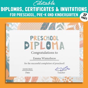 37 páginas de plantillas editables de diplomas, certificados e invitaciones para graduación de preescolar y jardín de infantes, archivo PDF, descarga instantánea