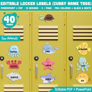 Editable Locker Labels (Cubby Name Tags), Sea Animal Themed – 10 Designs, 40 Pages, 4/Page, Pre-Colored + Black & White, PDF + PowerPoint