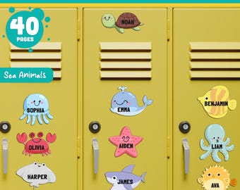 May include: Yellow lockers with sea animal-themed name tags. The tags feature various sea creatures like a turtle, whale, starfish, shark, and octopus, each with a child's name. The text on the image says "Editable Locker Labels".