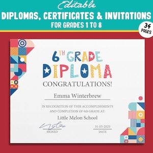 Druckbare 6.Klassen-Diplome, bearbeitbare Zertifikate für die 1.-8.Klasse, Einladungsvorlagen in farbenfrohem Design, 34 Seiten, Sofort Download