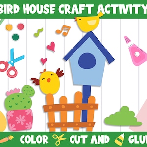 Puede incluir: Una actividad artesanal para que los niños hagan una casa para pájaros. La imagen muestra una casa para pájaros, dos pájaros, una cerca, un cactus, pintura, tijeras y pegamento. El texto de la imagen dice "Bird House Craft Activity", "Color", "Cut and", "Glue".