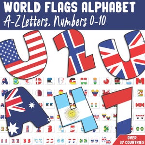 Welt Flaggen Alphabet: A-Z Buchstaben, Zahlen 0-10, über 37 Länder, 1 und 2 pro Seite, Pinnwand und Klassenzimmer Dekoration