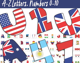 Alfabet wereldvlaggen: A-Z letters, cijfers 0-10, meer dan 37 landen, 1 en 2 per pagina, prikbord en klasdecor
