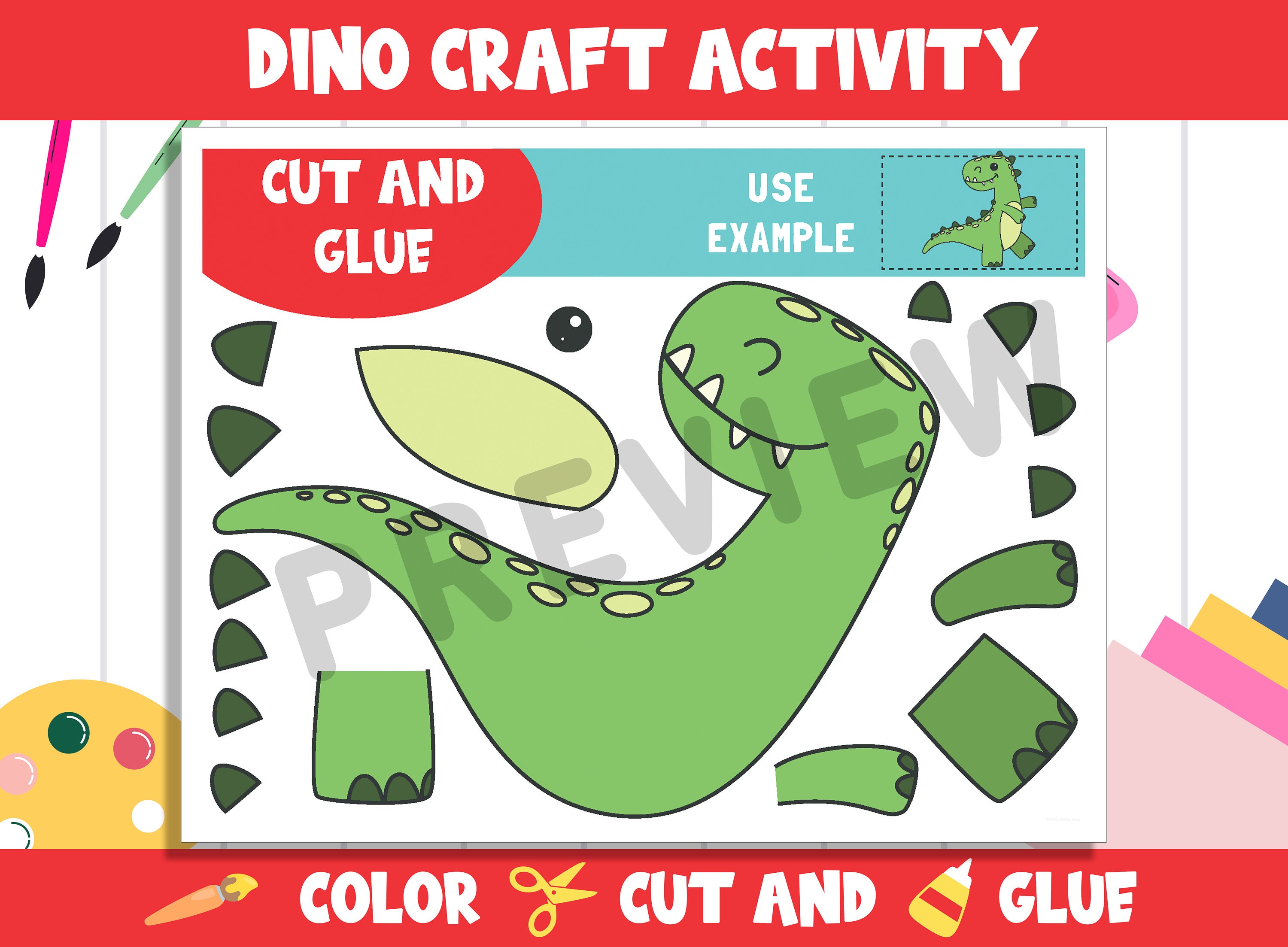 Cute Dino Craft Activity Color, Cut, and Glue for Prek to 2nd Grade ...