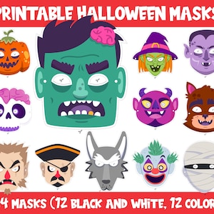 Printable Halloween Mask Set, Includes 24 Masks (12 Black & White, 12 Color), Fun Holiday Activity, US Letter Size