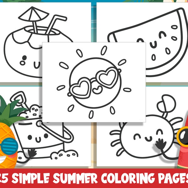 25 Cute Simple Summer Coloring Pages, Large Size, Thick Border, Perfect for Preschool & Kindergarten, PDF File, Instant Download