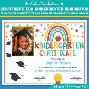 Certificado de jardín de infantes editable con foto, plantilla de diploma de graduación: PDF tamaño carta personalizable + PowerPoint, ¡descarga instantánea!
