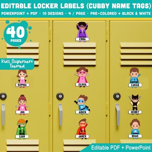 Puede incluir: Etiquetas amarillas para taquillas con diseños de superhéroes. Las etiquetas presentan ilustraciones de niños disfrazados de superhéroes, con nombres como Emma, Sophia y Lucas. El texto de las etiquetas dice "Etiquetas de taquilla editables" y "Temática de superhéroes para niños".