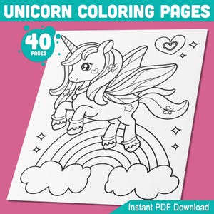Unicorn Coloring Pages: 40 Cute and Magical Activity Sheets for Kids, Featuring Winged Unicorns & Rainbows, Printable PDF, Instant Download!