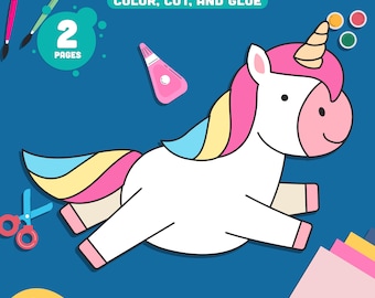 May include: A cartoon unicorn with a white body, pink and yellow mane and tail, and a golden horn. The image includes the text "UNICORN CRAFT FOR KIDS", "COLOR, CUT, AND GLUE", and "Instant PDF Download". Scissors, paint, and glue are also shown.