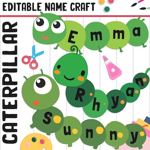 Actividad de artesanía con nombre de Caterpillar: tablón de anuncios de regreso a clases, 20 páginas, 5 diseños, en blanco y editable, versiones en color y en blanco y negro
