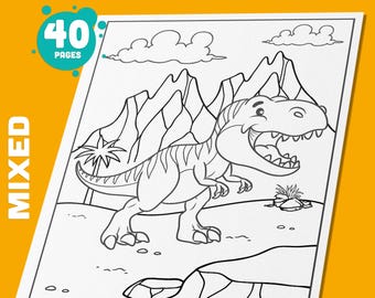 May include: Black and white coloring page featuring a cartoon dinosaur standing in front of a mountain range. The dinosaur has a big smile and is looking to the right. The text "40 PAGES" is in a circle at the top left corner of the page. The text "MIXED" is in a vertical rectangle at the left side of the page. The text "Instant PDF Download" is at the bottom right corner of the page.