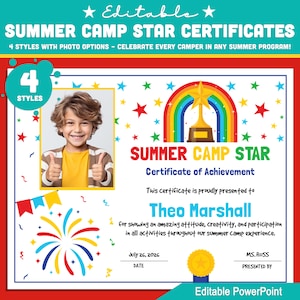 Certificados de Conquistas de Verão Editáveis – 4 Versões Divertidas com Opção de Foto, Perfeitos para Prêmios de Estrelas em Acampamentos de Verão, Download Instantâneo.