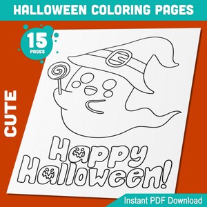 以下が含まれることがあります： 帽子をかぶってロリポップを持っているかわいい幽霊が描かれた白黒の塗り絵。幽霊の下に「Happy Halloween!」の文字が書かれている。