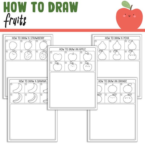 Learn How to Draw Fruits (Apple, Orange, Banana, Strawberry, Pear), Directed Drawing Step by Step Tutorial, Includes 5 Coloring Pages