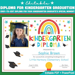 Diploma de jardín de infantes editable con plantilla de certificado de graduación con fotografía: PDF tamaño carta personalizable + PowerPoint, ¡descarga instantánea!