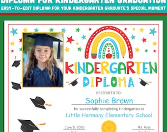 Editable Kindergarten Diploma with Photo Graduation Certificate Template: Customizable Letter Size PDF + PowerPoint, Instant Download!