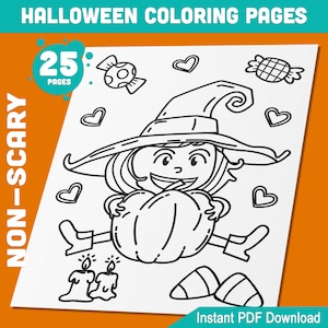 May include: A black and white coloring page featuring a witch holding a pumpkin. The witch is wearing a pointed hat and has a big smile. There are hearts, candy, and candles around her. The page is part of a 25-page set of non-scary Halloween coloring pages.