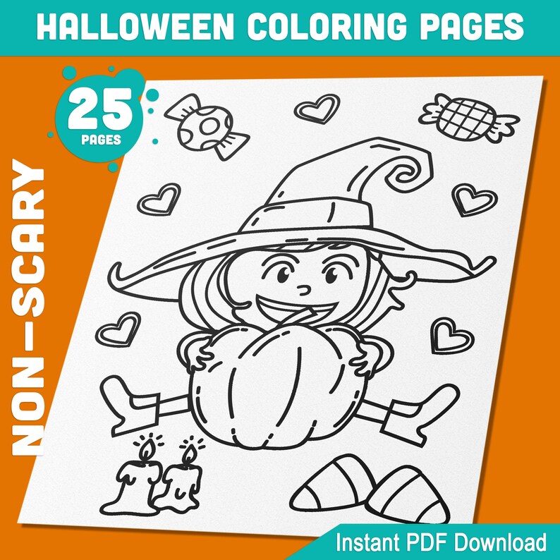 May include: A black and white coloring page featuring a witch holding a pumpkin. The witch is wearing a pointed hat and has a big smile. There are hearts, candy, and candles around her. The page is part of a 25-page set of non-scary Halloween coloring pages.