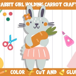 May include: A craft project featuring a gray rabbit girl holding a carrot. The image includes instructions to color, cut, and glue the craft.