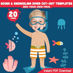 Scuba & Snorkeling Taucher Körper Cut-Out Craft: Fügen Sie Ihr Gesicht zu druckbaren Unterwasser Sommer Dress-Up Vorlagen, 20 Seiten, dunkle Haut inklusive
