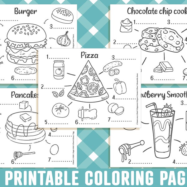 Food Coloring Pages, 15 Printable Recipe Coloring Pages for Kids, Boys, Girls, Teens, Color & Write Down Its Ingredients, Instant Download