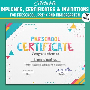 Kit de celebración de fin de año para preescolar y jardín de infantes con temática moderna: 37 páginas editables para certificados, diplomas e invitaciones