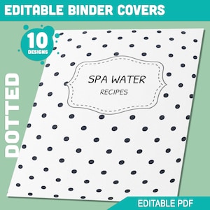 May include: A white binder cover with a black polka dot pattern. The cover has a decorative frame with the text "SPA WATER RECIPES" in black.
