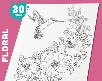 Botanical Coloring Pages: 30 Detailed Designs of Birds, Flowers, Bees & Butterflies for Adults, PDF File, Instant Download