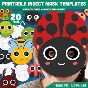 Printable Insect Mask Templates: 20 Fun Bug-Themed Pages, Pre-Colored & Black and White, Great for Kids’ Costumes, Parties and Drama Play
