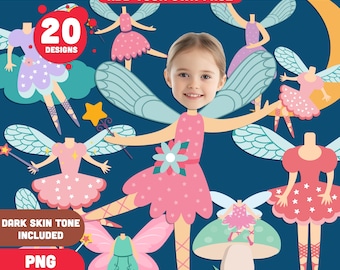 Clipart-sjablonen sprookjeslichaam: voeg je foto toe, magische afdrukbare uitsnijdingen voor doe-het-zelf fantasieknutsels voor kinderen, lichte + donkere huidskleur, pdf + png