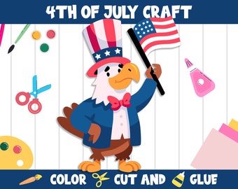 Op de afbeelding: Een printbare knutselactiviteit voor kinderen met een cartoon-Amerikaanse zeearend die een rood-wit-blauwe hoed draagt en een Amerikaanse vlag vasthoudt. De tekst "4th of July Craft" staat bovenaan de afbeelding. De tekst "Color, Cut and Glue" staat onderaan de afbeelding.