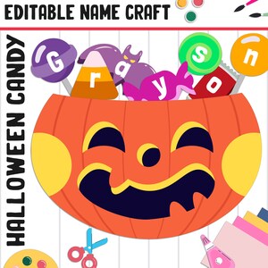 Activité créative de nom de sac de bonbons d'Halloween : tableau d'affichage de la rentrée, 40 pages, 5 motifs, vierge et modifiable, couleur et noir et blanc