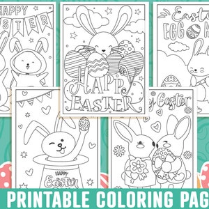 May include: A collection of 40 printable Easter coloring pages. The pages feature bunnies, decorated eggs, and the phrases "Happy Easter" and "Easter Egg Hunt". The images are in black and white, ready for coloring.