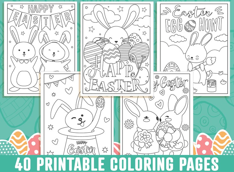 May include: A collection of 40 printable Easter coloring pages. The pages feature bunnies, decorated eggs, and the phrases "Happy Easter" and "Easter Egg Hunt". The images are in black and white, ready for coloring.