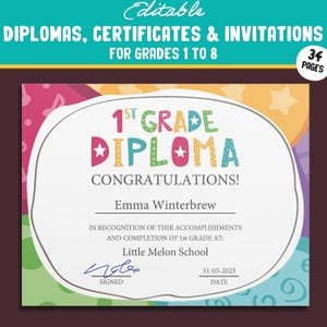 Bewerkbare prijscertificaten eerste leerjaar, diploma 1e tot en met 8e leerjaar, certificaat van voltooiing en uitnodiging, pdf-bestand, direct downloaden