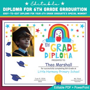 6.Klasse Diploma Vorlage mit Foto: Bearbeitbares PDF & Power Point für Abschlussfeier, Meilenstein Anerkennung, besondere Auszeichnungen, Letter Size Format
