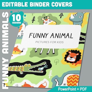 10 capas editáveis de pasta de animais engraçados, inclui lombadas de 1, 1,5, 2", disponíveis em A4 e carta dos EUA, edição com PowerPoint ou leitor de PDF
