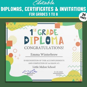 34 bearbeitbare Abschlussdiplome, Zertifikate der 1. bis 8. Klasse, Diplome und Einladungsvorlagen, flache, moderne Themen, PDF, Sofort-Download