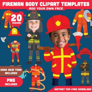 Fireman Body Clipart, Firefighter Template with Add Your Own Face Feature for Fun Craft, DIY Project, Light + Dark Skin Tone, PDF + PNG
