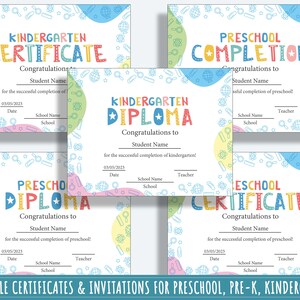 Kindergarten Certificates Completion Diploma and Invitations, Editable ...